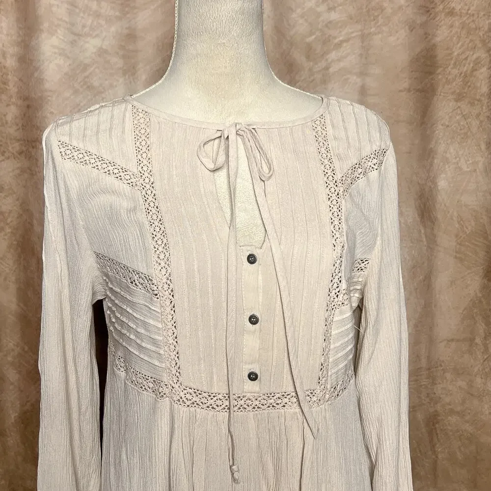 Free People Sweet Treat Mini Shirt Dress Crinkle Long Sleeve Tunic Cream Peasant